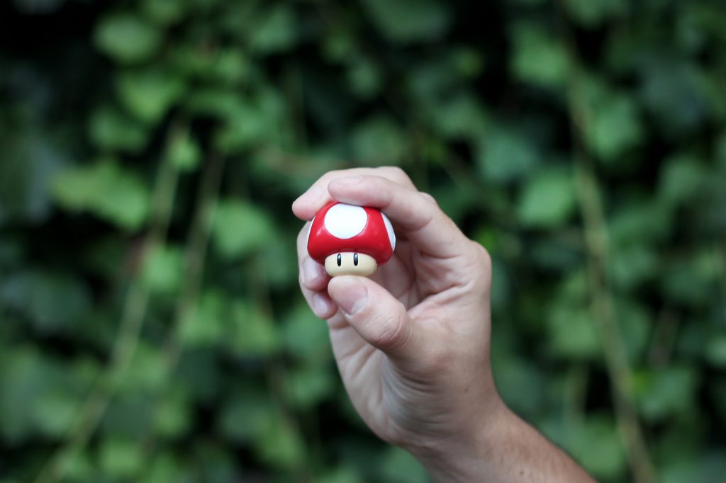 Eine Hand hält einen Pilz aus einem Super Mario Spiel.