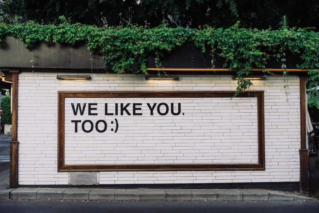 Das Foto zeigt eine Mauer, auf der ein großer Bilderrahmen angebracht ist. In ihm steht "We like you, too :)"
