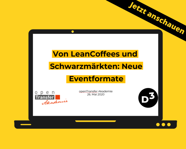 Gelber Hintergrund und ein Icon eines Laptops, in dem man die Startgrafik einer Präsentation sieht: Von LeanCoffees und Schwarmärkten: Neue Eventformate. openTransfer Akademie, 26. Mai 2020.