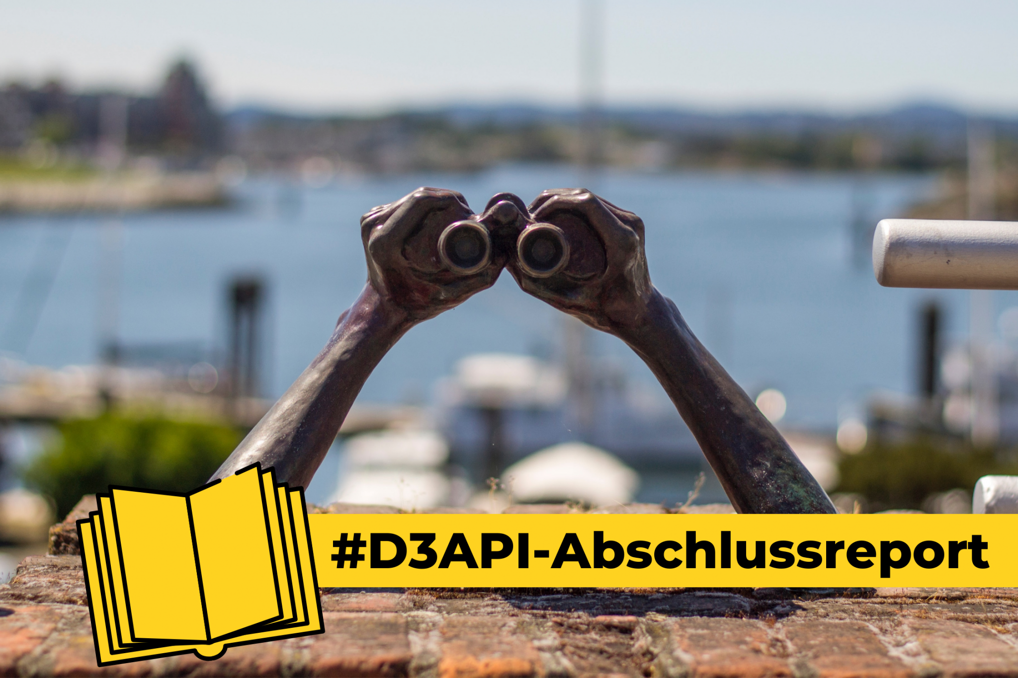Foto einer Fernglas-Skulptur. Davor Text: #D3API-Abschlussreport