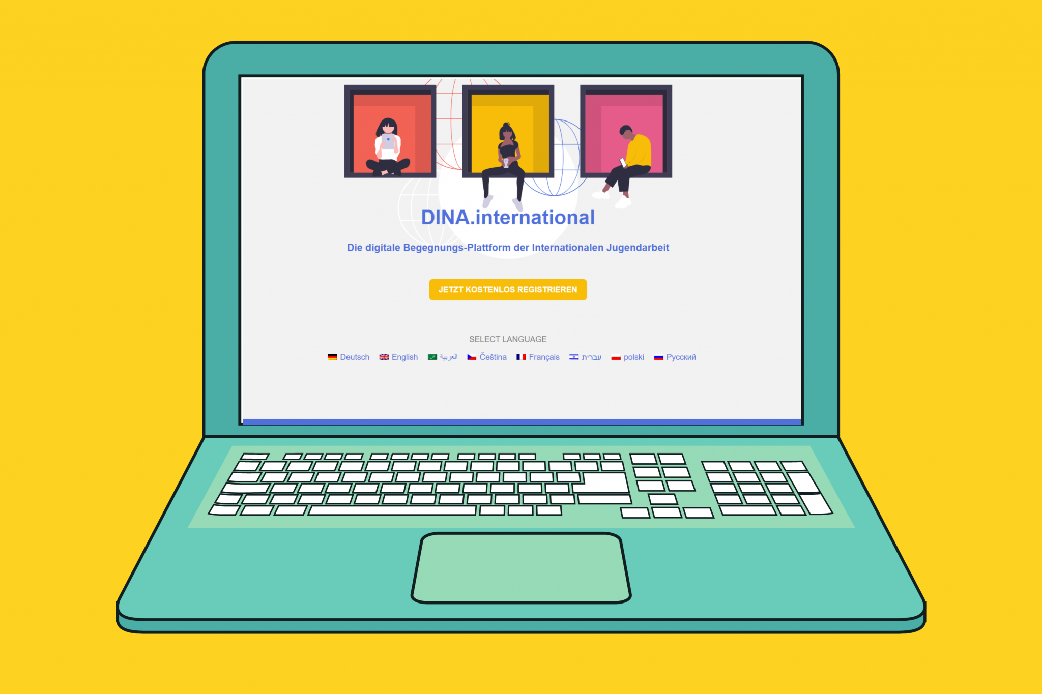 Gelber Hitnergrund, davor ein illustrierter PC. Darauf ist die Website von DINA.International geöffnet.