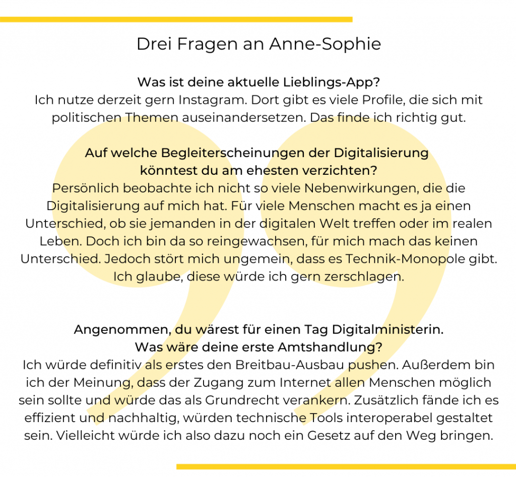 Textgrafik: Drei Fragen an Anne-Sophie Pahl.
