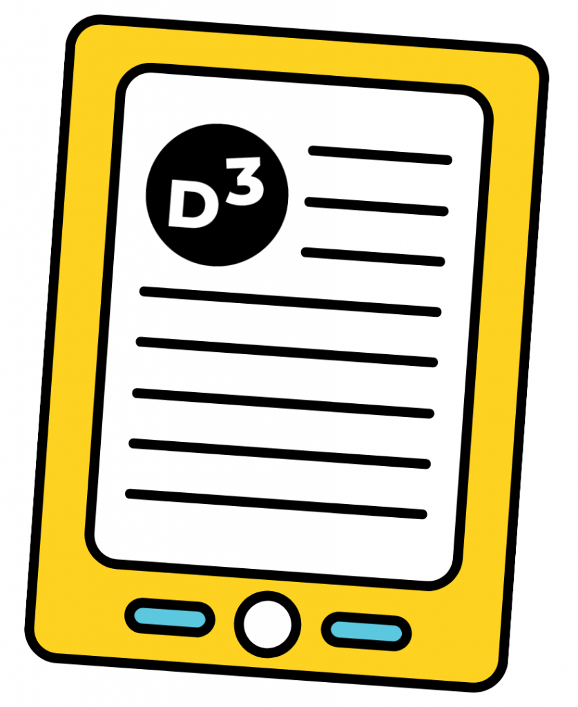 ein gezeichnetes Smartphone in gelb deutet Text und ein D3 Logo an.