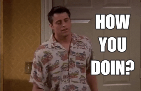 GIF von Joey aus der Serie Friends, der im Hawaihemd fragt "How you doin?"