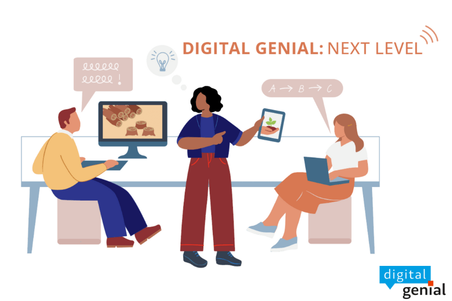 Auf der Illustration steht und sitzt ein dreiköpfiges Team an einem Tisch und plant eine Social Media Kampagne zum Thema Nachhaltigkeit, darüber steht "digital genial: next level".