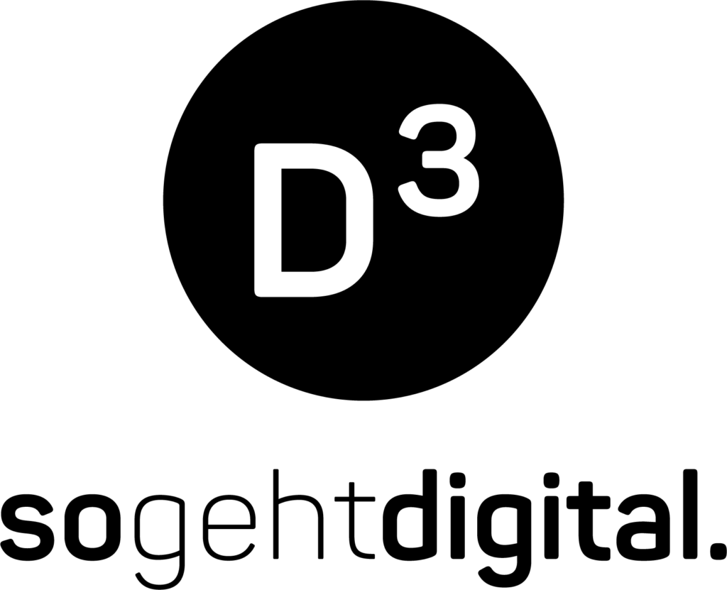 D3-Logo: ein schwarzer Kreis in dem in weiss D3 steht. darunter der Schriftzug so geht digital
