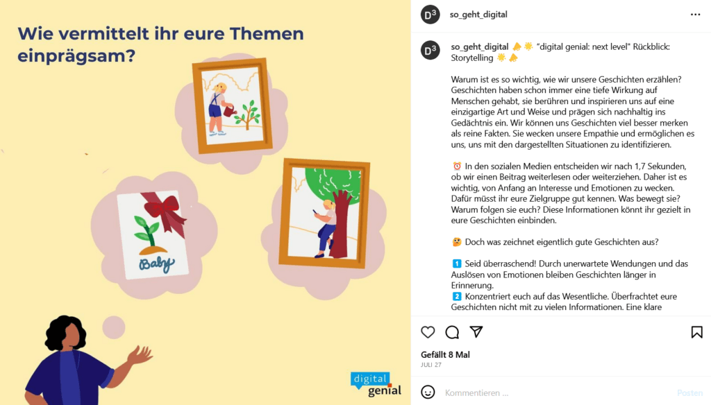 Screenshot eines Instagram-Beitrags:  "Wie vermittelt ihr eure Themen einprägsam?" Folge dem Link durch Klick auf das Bild, um zum Beitragstext zu gelangen.