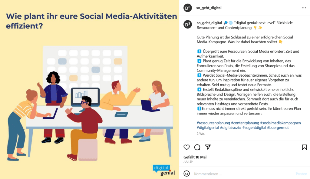Screenshot eines Instagram-Beitrags:  "Wie plant ihr eure Spcial Media-Aktivitäten" Folge dem Link durch Klick auf das Bild, um zum Beitragstext zu gelangen.