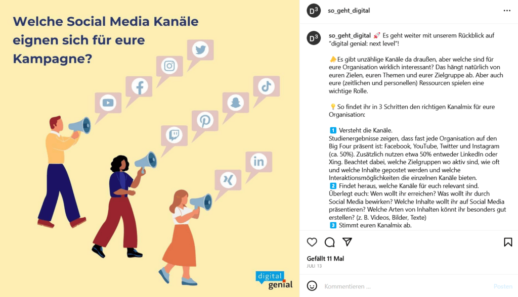 Screenshot eines Instagram-Beitrags:  "Welche Social Media-Kanäle eignen sich für eure Kampagne?" Folge dem Link durch Klick auf das Bild, um zum Beitragstext zu gelangen.