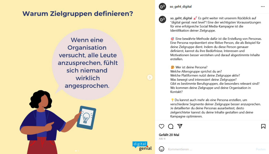 Screenshot eines Instagram-Beitrags:  "Warum Zielgruppen definieren?" Folge dem Link durch Klick auf das Bild, um zum Beitragstext zu gelangen.