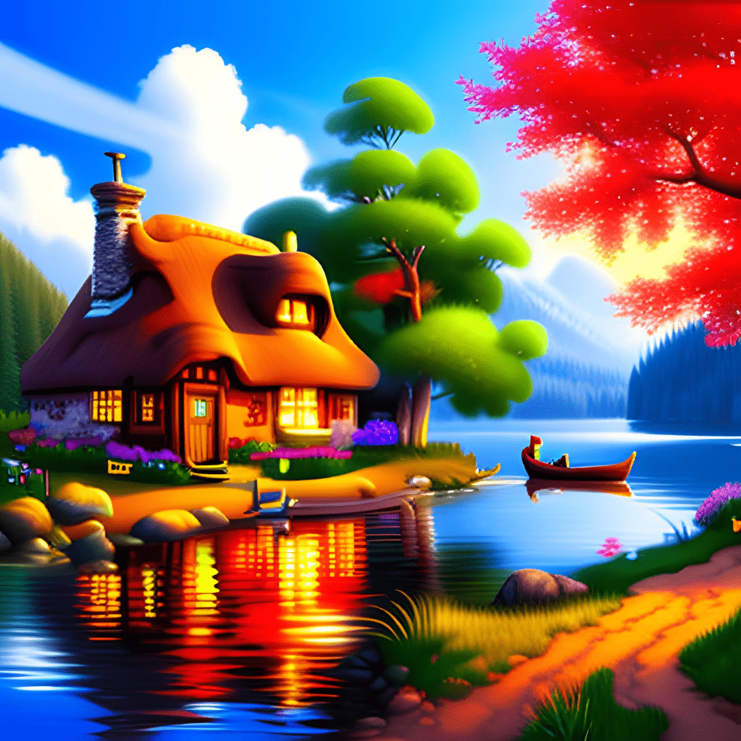 KI-generiertes Bild von einem Cottage mir Schornstein an einem See mit Bootsanlegestelle. Im Hintergrund Bäume, Berge, Wolken und blauer Himmel.