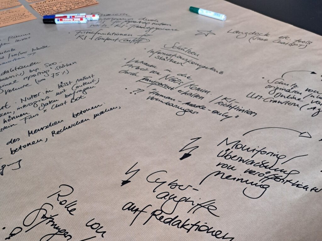 Auf einem großen Packpapier sind mit dicken Stiften handschriftliche Notizen festgehalten.